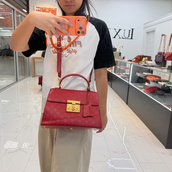 Gucci Ruby Red Embossed Leather Satchel with Gold Hardware - Picture 7 of 9